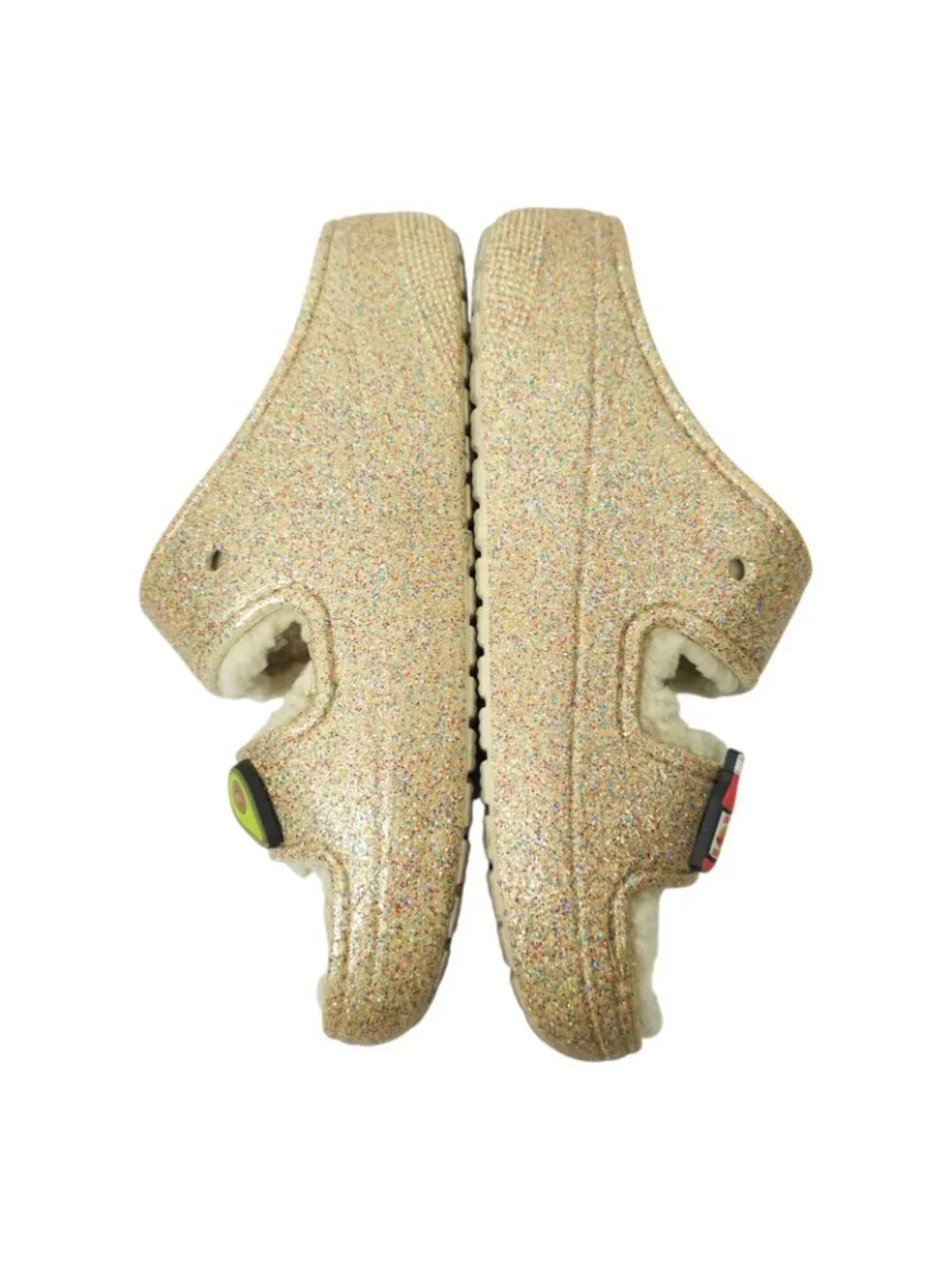 Crocs Classic Cozzzy Glitter Sandals Women 7 Gold Fuzzy Lined Slide Taco Jibbitz